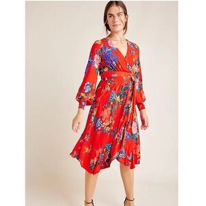 Anthropologie‎ Floral Wrap Midi Dress Long Sleeve Red Blue Yellow Women's Size 2